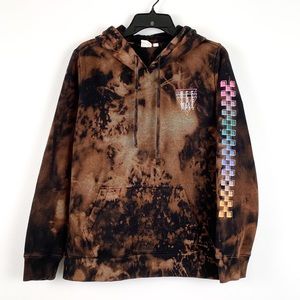 Vans hoodie bleach dyed Off the Wall multicolored checkerboard on sleeve, medium